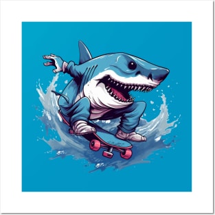 shark riding a skateboard Posters and Art